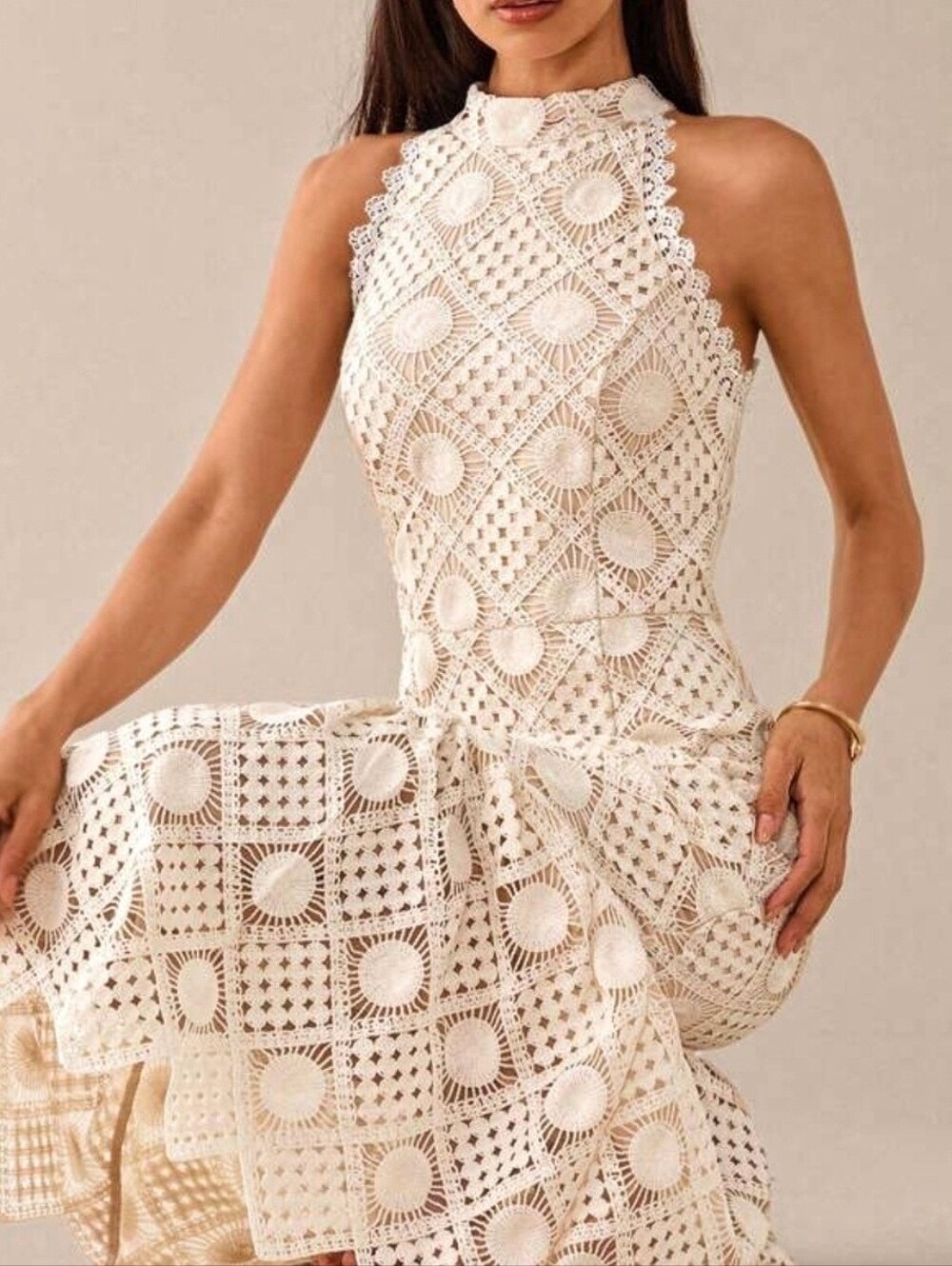 New Lace Halter Midi Dress Sleeveless Mermaid Crochet Tan Beige Cream